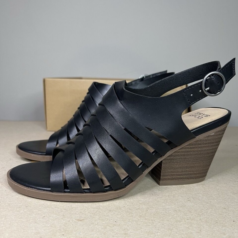 Frye & Co. Womens Tan Galia Heeled Sandal Size Brand New Black Vegan Leather